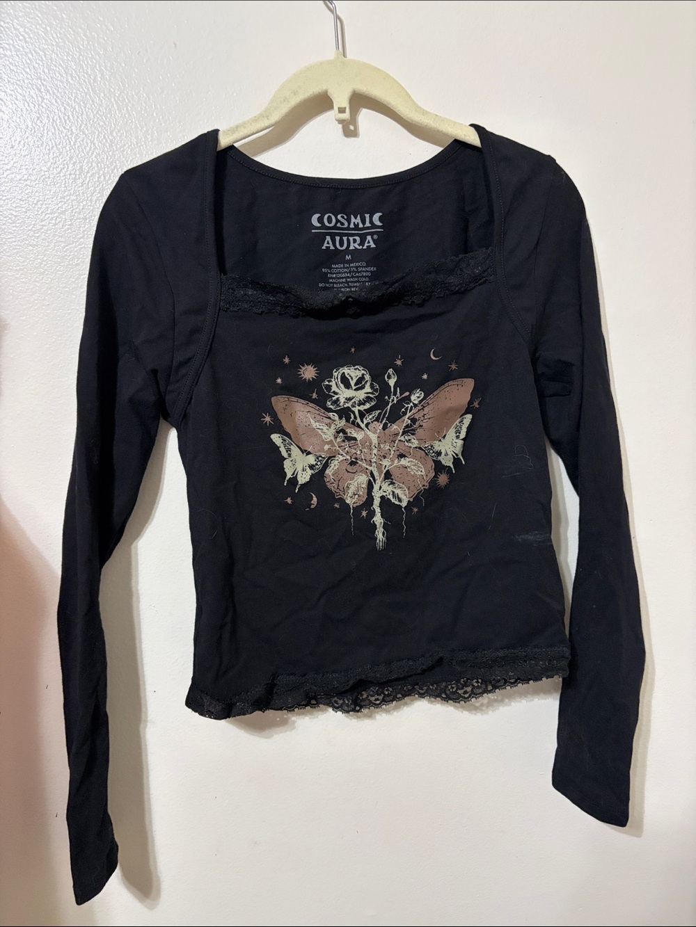 Black Floral Butterfly Lace-Trim Long Sleeve Top